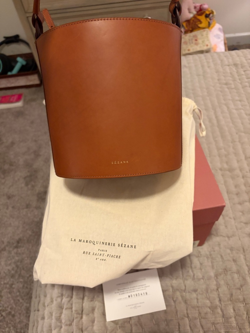 NEW IN BOX SEZANE Tan Leather Bucket Bag - Picture 2 of 8